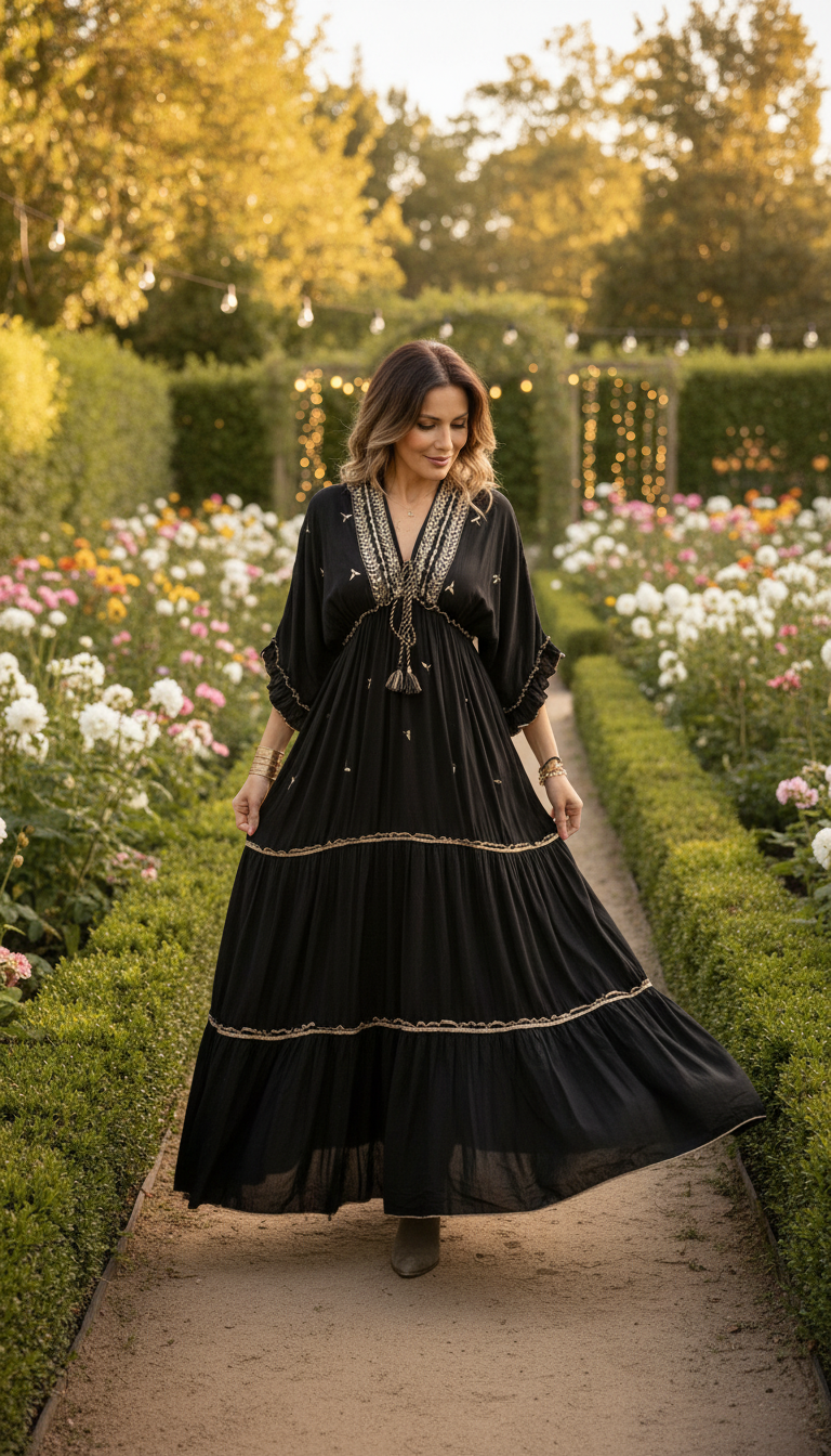 Black Aurora – Hand-Embroidered Boho Maxi Dress
