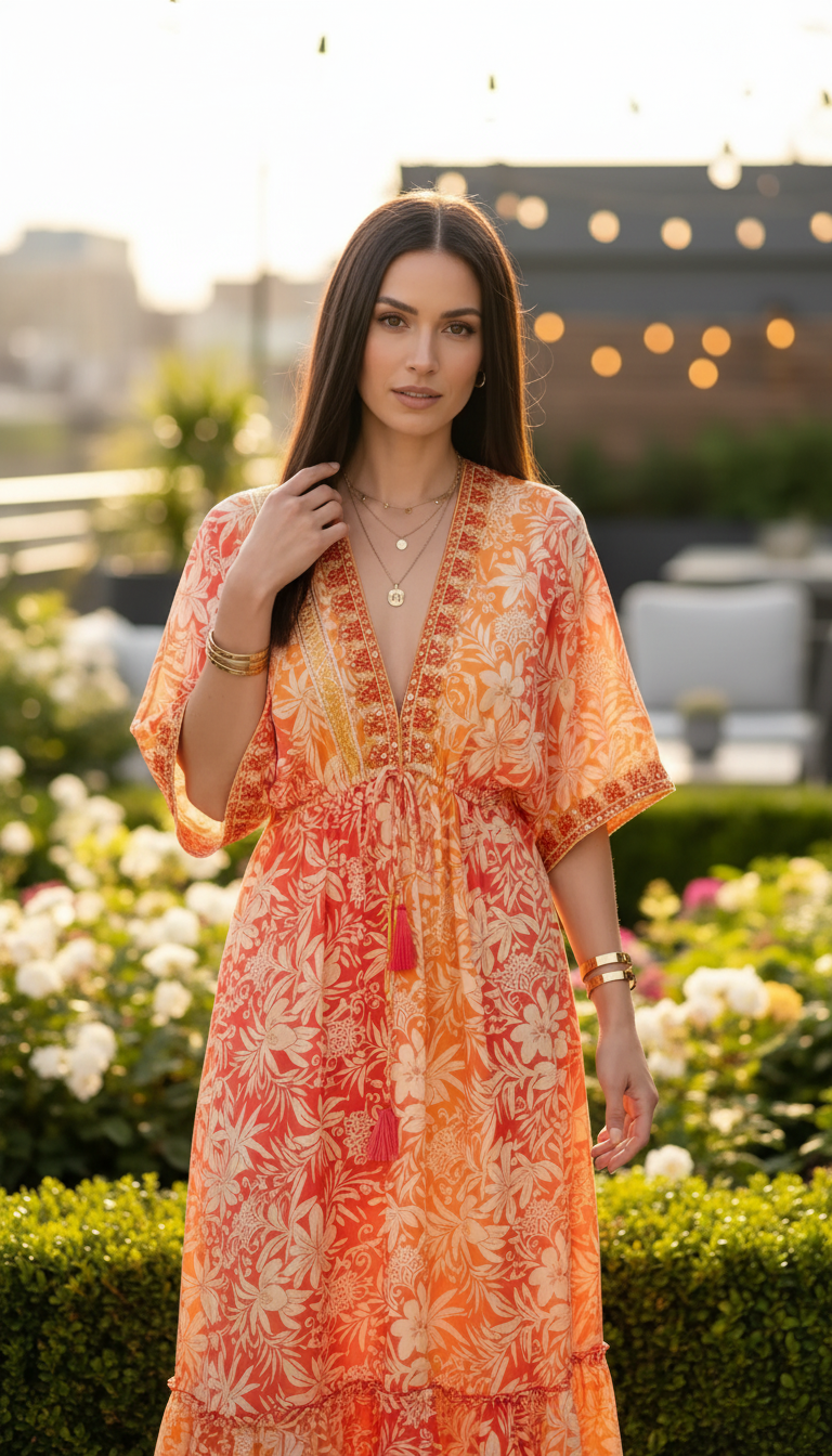 Robe en soie orange à aura dorée