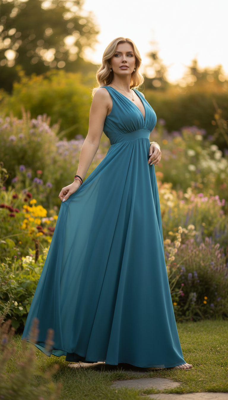 Blue Maxi Evening Dress with V Neck