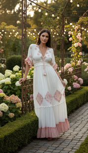 Besticktes Maxikleid „Garden“ – Romantischer Boho-Stil in Elfenbein und Rosé