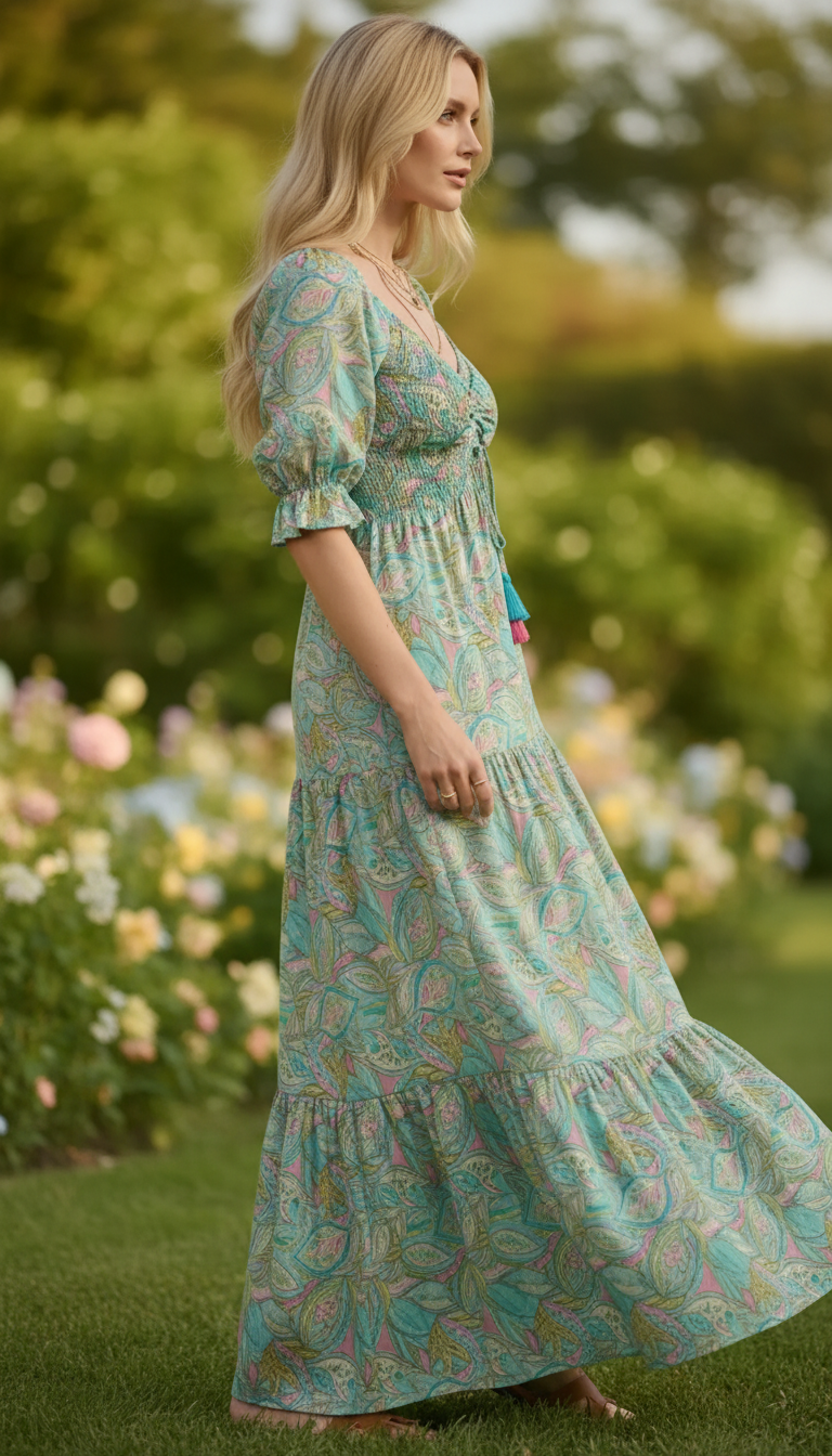 Robe en soie bleue smockée