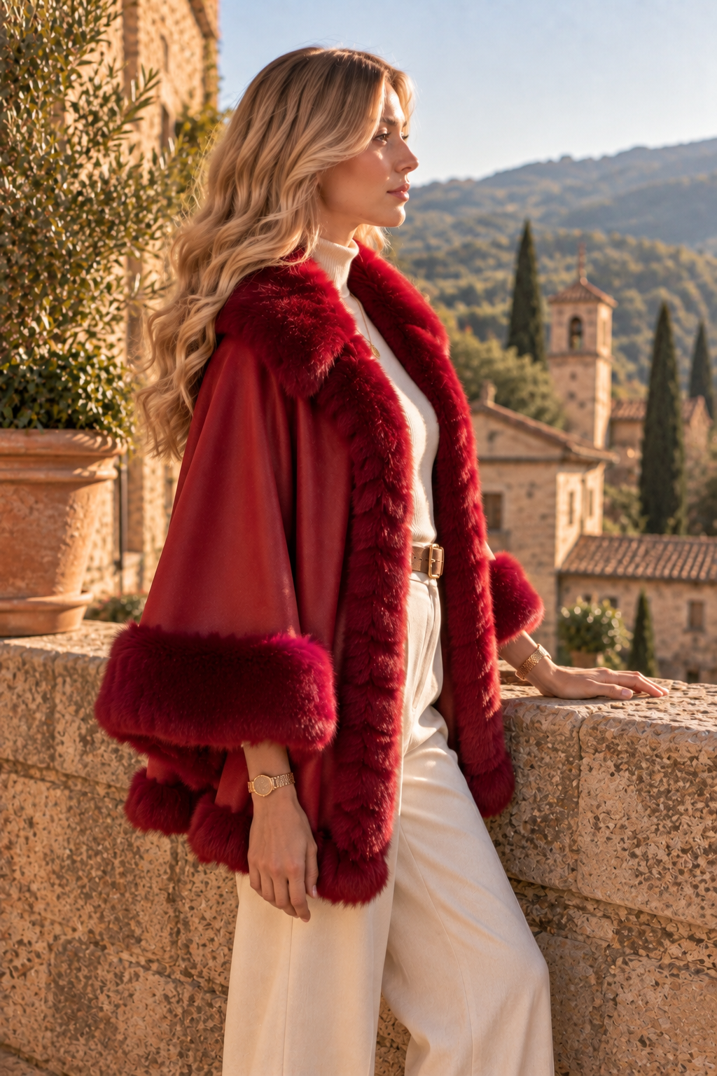 Siena Burgundy Faux Fur Cape