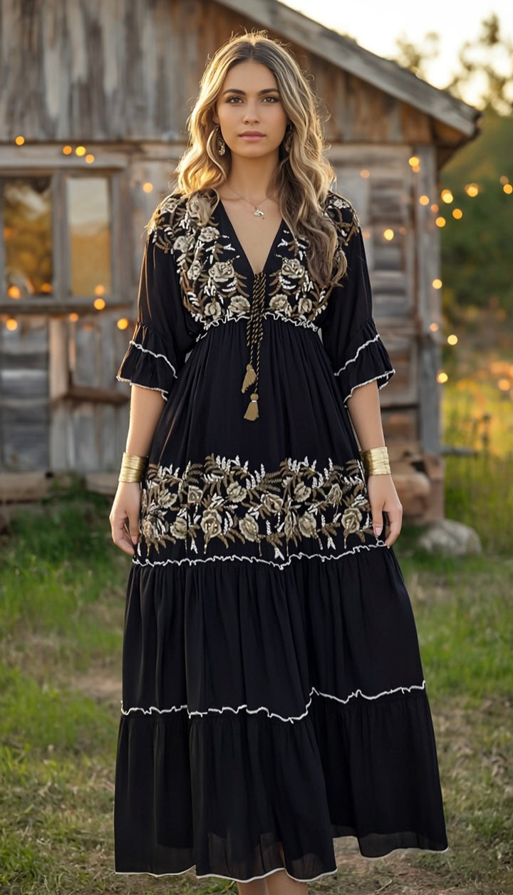 Black Boho Maxi Dress with Golden Embroidery