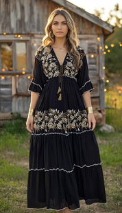 Black Boho Maxi Dress with Golden Embroidery