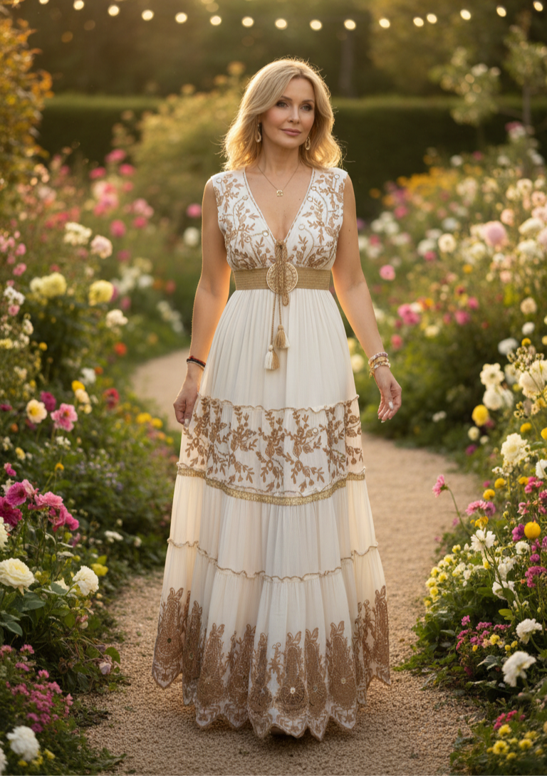 Robe longue blanche Golden Garden