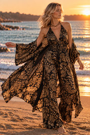 Golden Muse Silk Jumpsuit & Kimono Set – Black & Gold