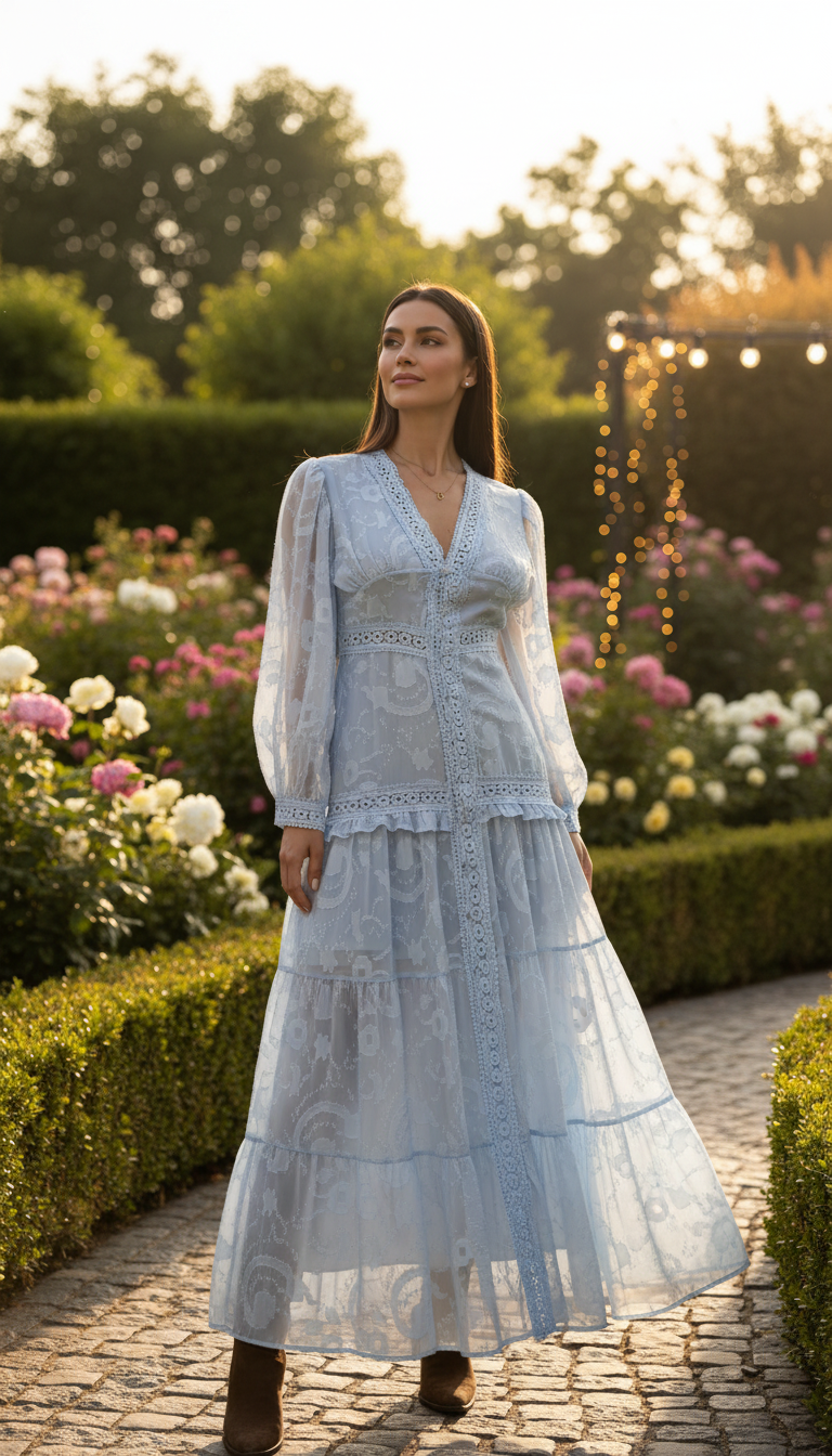 Boho-Maxikleid in Blau mit Blumenstickerei