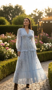 Boho-Maxikleid in Blau mit Blumenstickerei