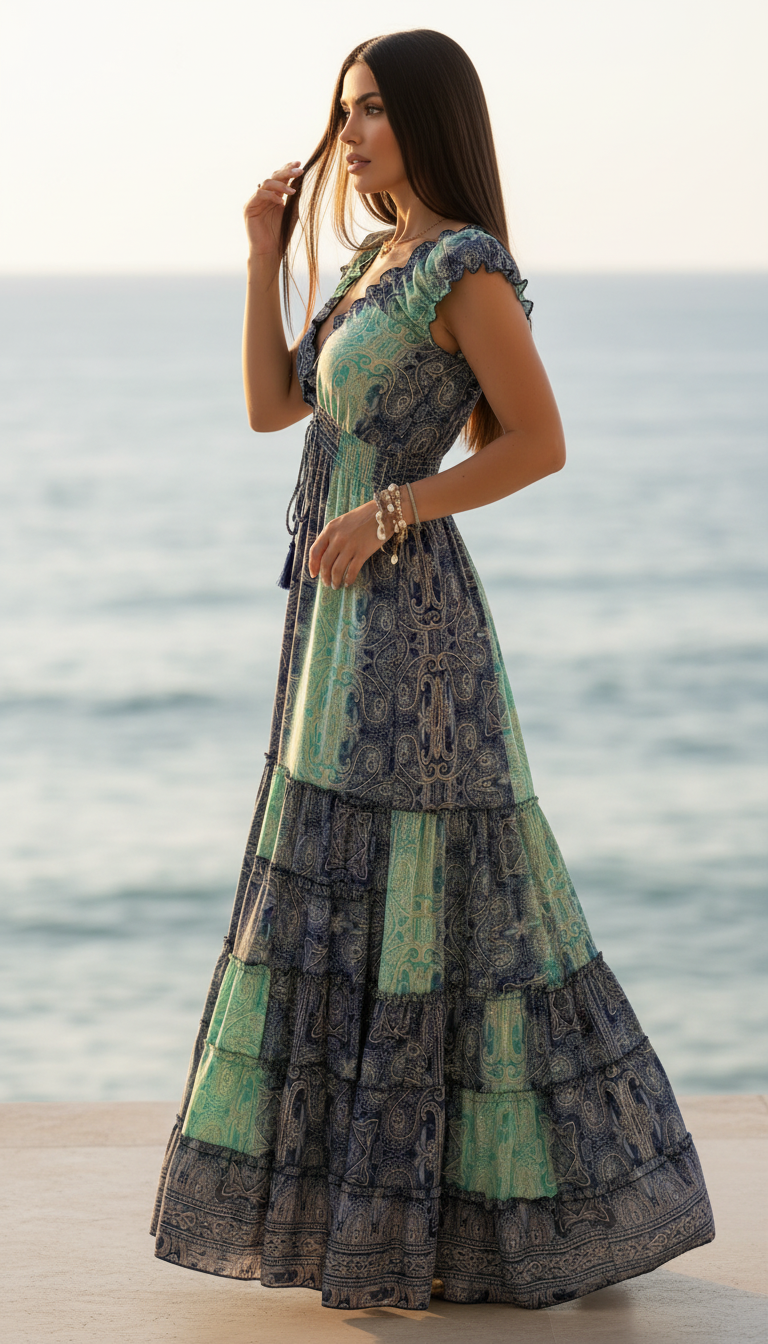 Amara Blue/Green Silk Maxi Dress