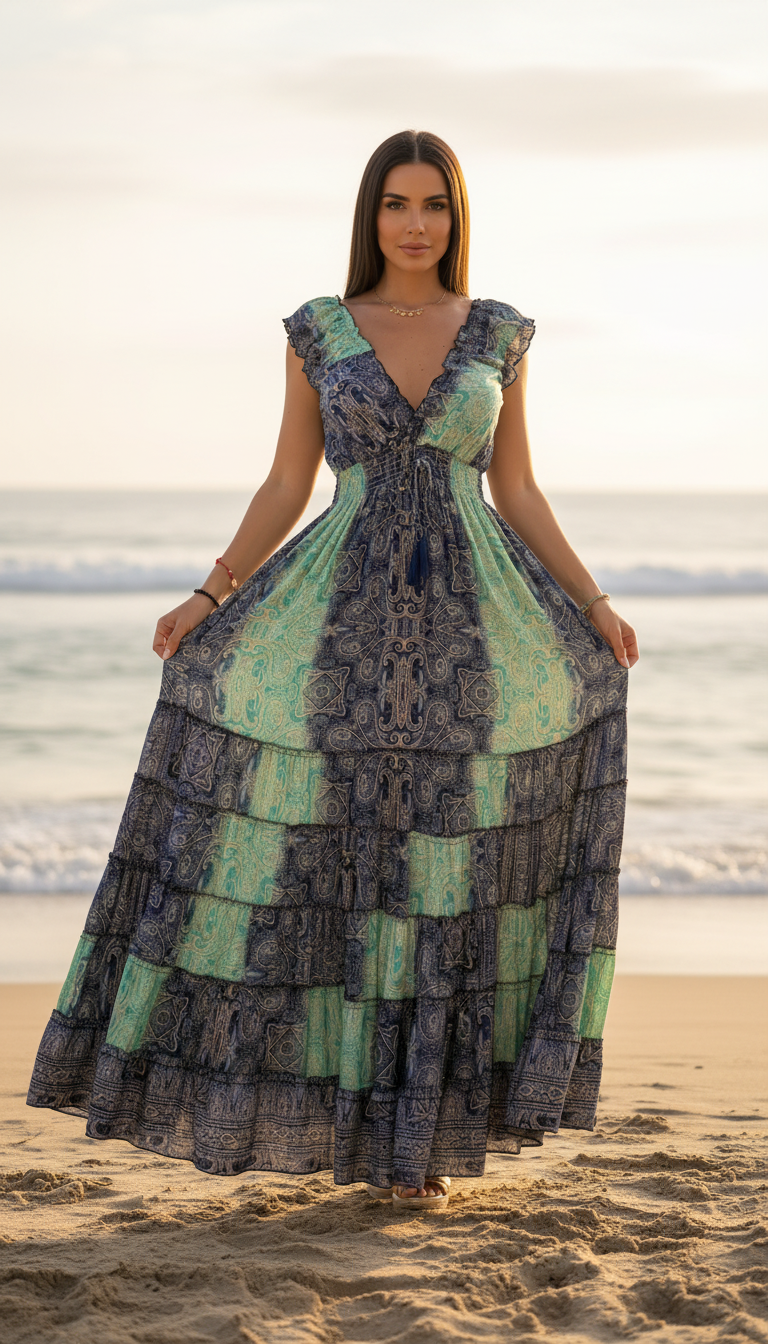 Amara Blue/Green Silk Maxi Dress