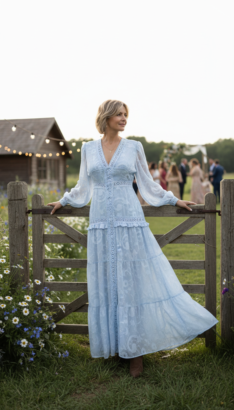 Boho-Maxikleid in Blau mit Blumenstickerei