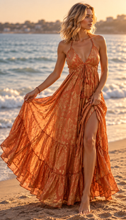 Golden Muse Silk Maxi Dress – Terracotta & Gold