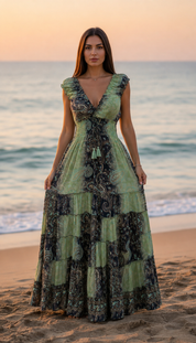 Amara Blue/Green Silk Maxi Dress