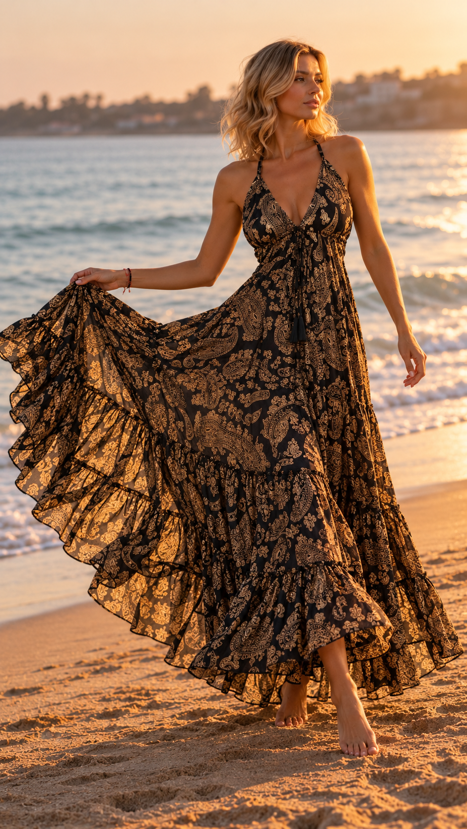 Golden Muse Silk Maxi Dress – Black & Gold