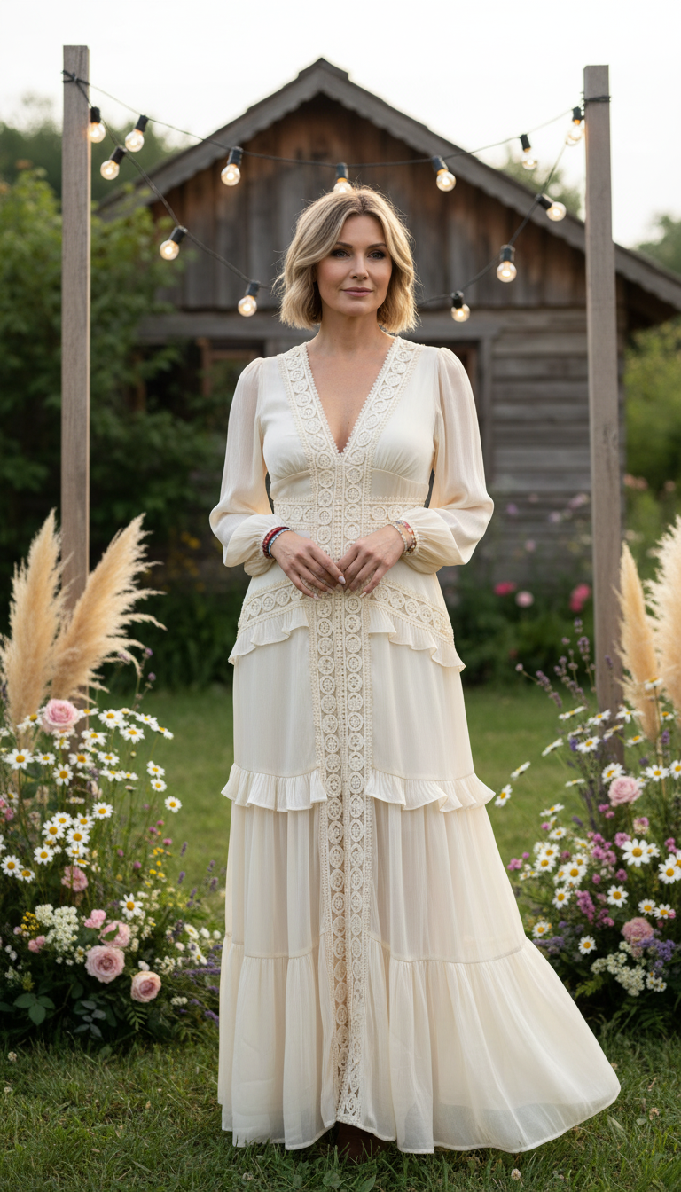 Langes Boho-Kleid aus Naturseide und Bio-Baumwolle mit floraler Spitze