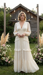Langes Boho-Kleid aus Naturseide und Bio-Baumwolle mit floraler Spitze