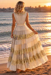 Golden Aura Boho Maxi Dress – Ivory & Gold