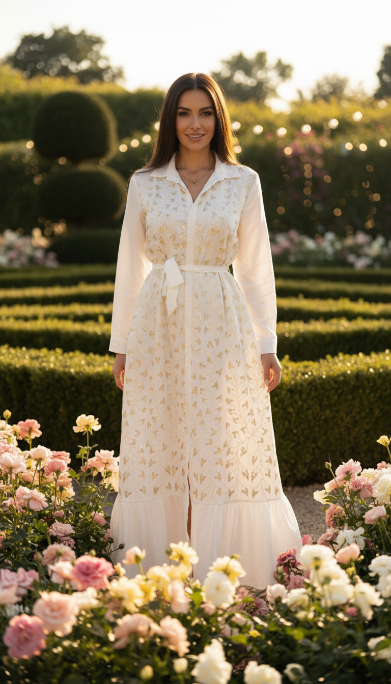 Boho-Maxikleid mit goldener Stickerei