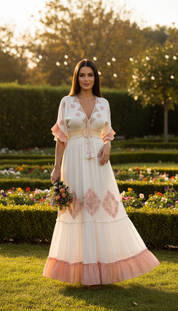Besticktes Maxikleid „Garden“ – Romantischer Boho-Stil in Elfenbein und Rosé