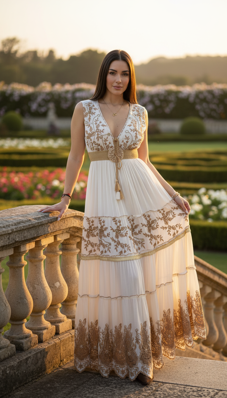 Robe longue blanche Golden Garden
