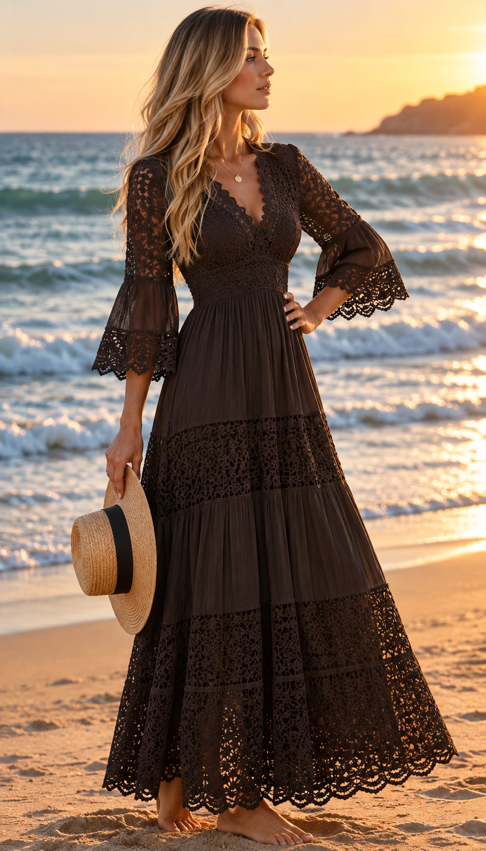 Ivory Moon Brown Lace Dress
