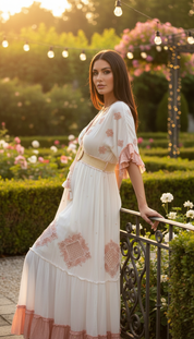 Besticktes Maxikleid „Garden“ – Romantischer Boho-Stil in Elfenbein und Rosé