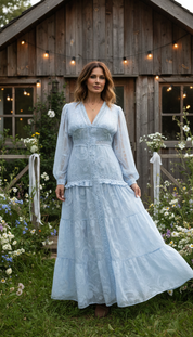 Boho-Maxikleid in Blau mit Blumenstickerei