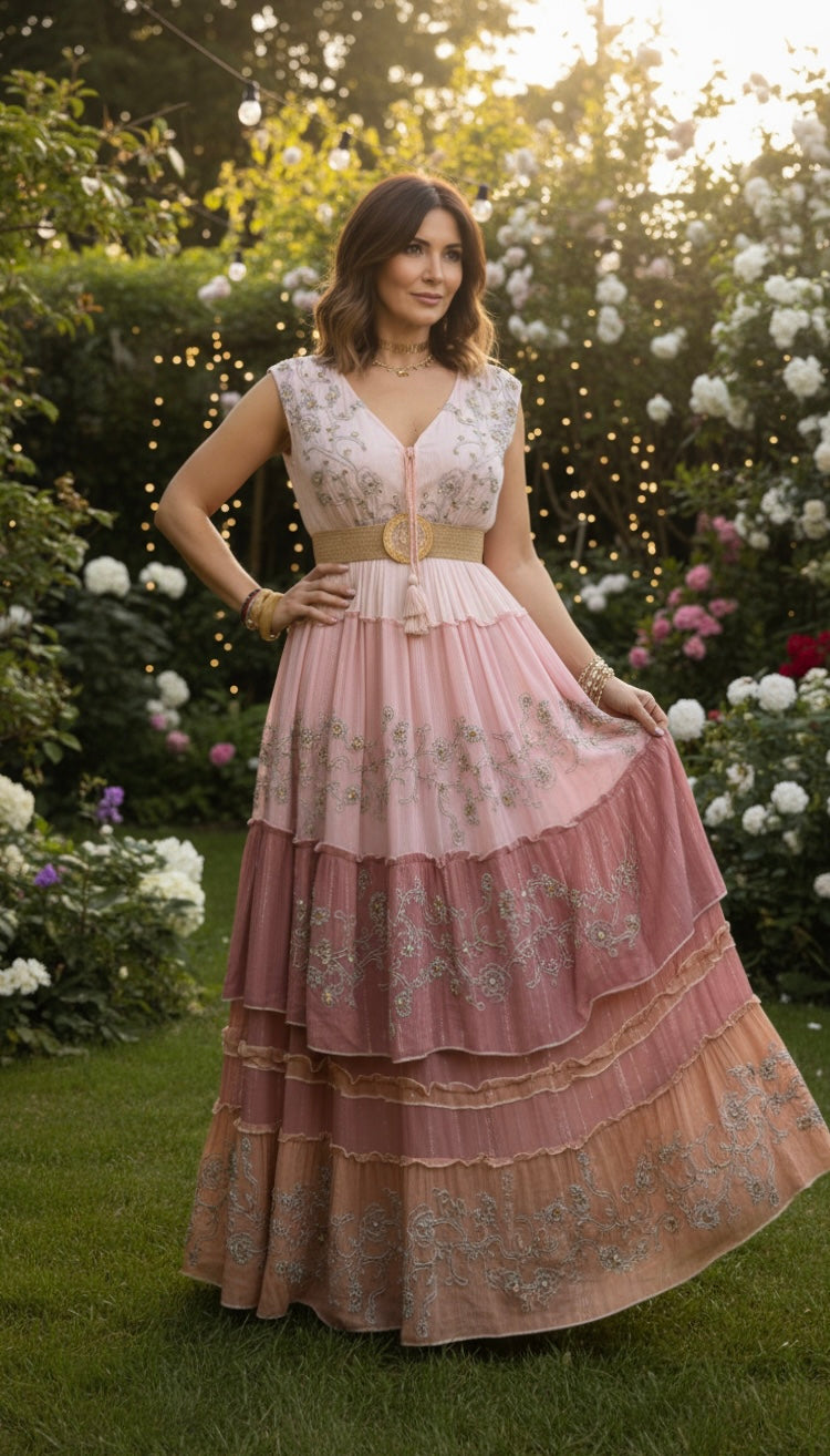 Robe longue bohème rose coucher de soleil
