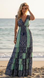 Amara Blue/Green Silk Maxi Dress