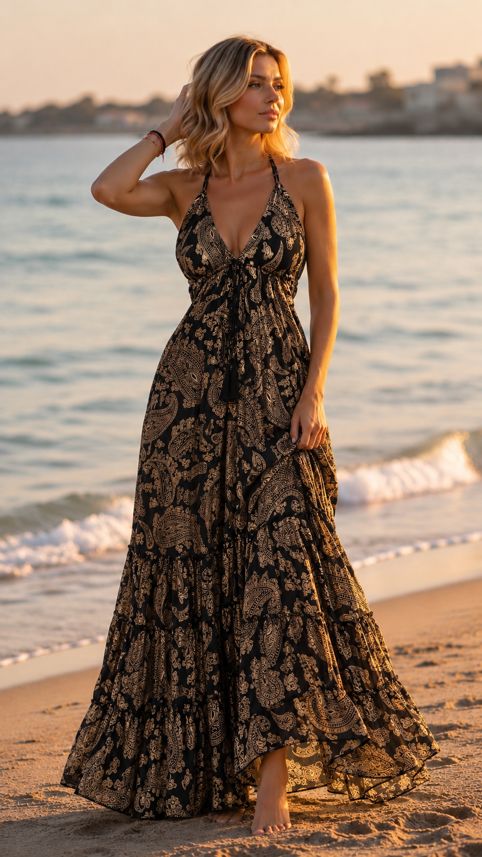 Golden Muse Silk Maxi Dress – Black & Gold