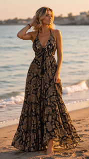 Golden Muse Silk Maxi Dress – Black & Gold