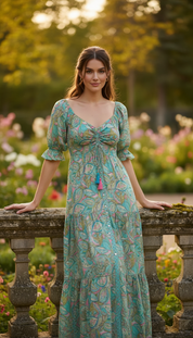 Robe en soie bleue smockée