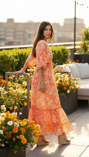 Robe en soie orange à aura dorée