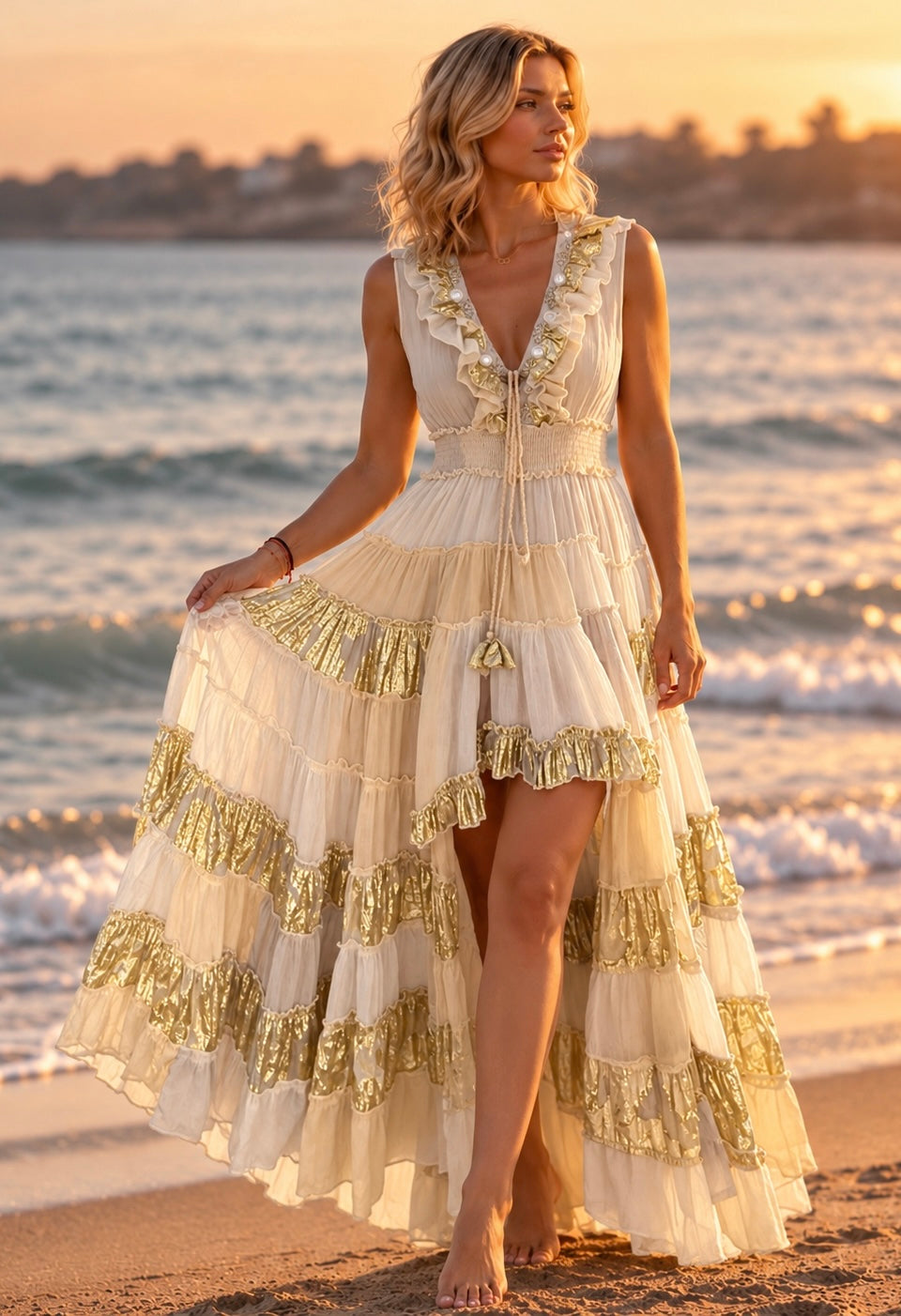 Golden Aura Boho Maxi Dress – Ivory & Gold