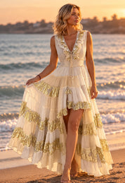 Golden Aura Boho Maxi Dress – Ivory & Gold
