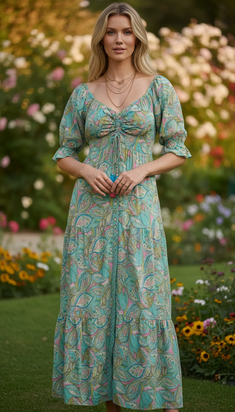 Robe en soie bleue smockée