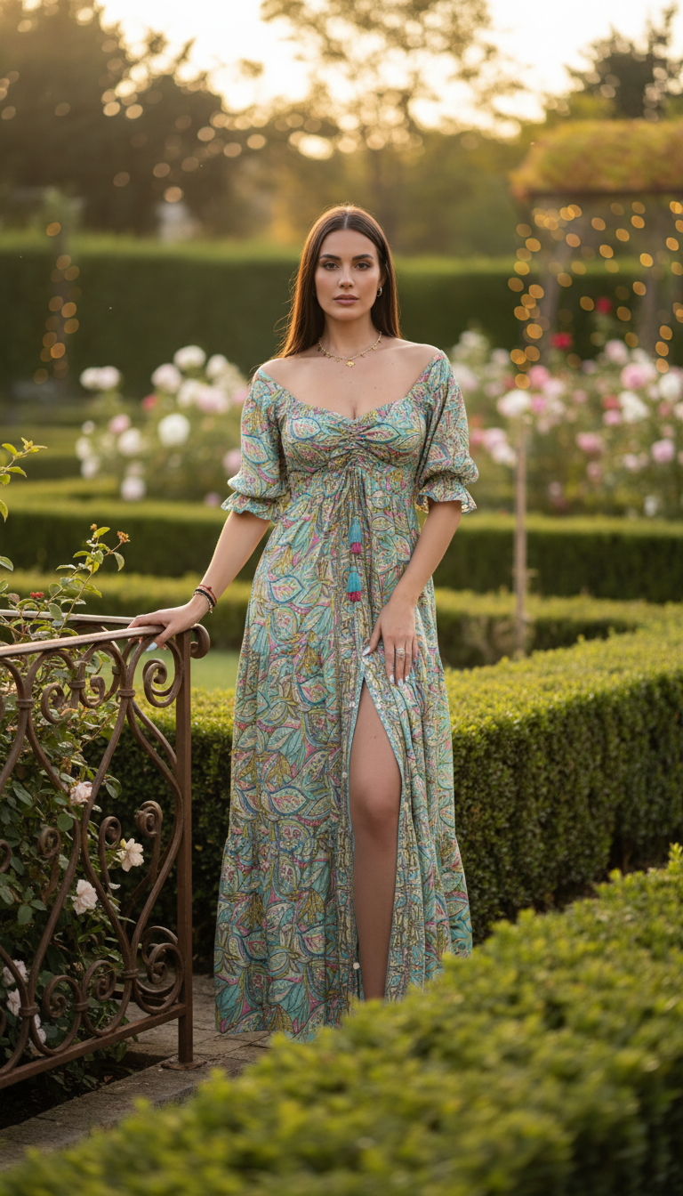 Das gesmokte orangefarbene Seidenkleid