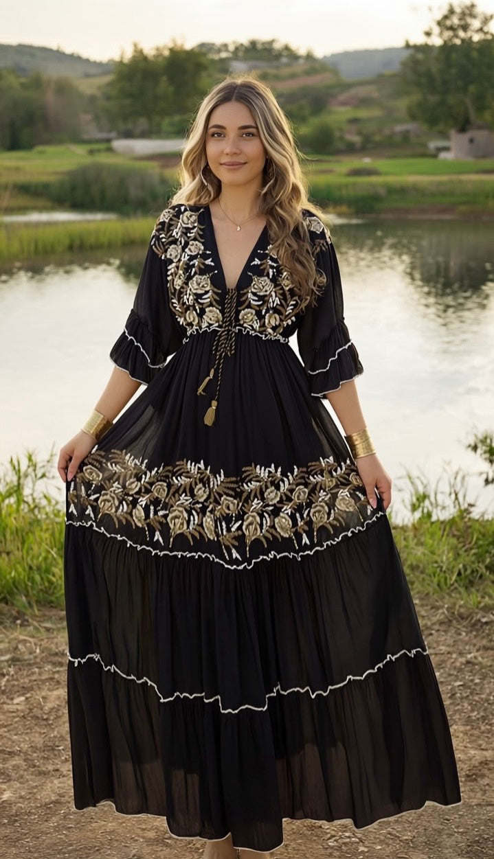 Black Boho Maxi Dress with Golden Embroidery