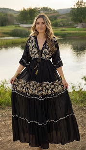 Black Boho Maxi Dress with Golden Embroidery