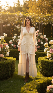 Langes Boho-Kleid aus Naturseide und Bio-Baumwolle mit floraler Spitze