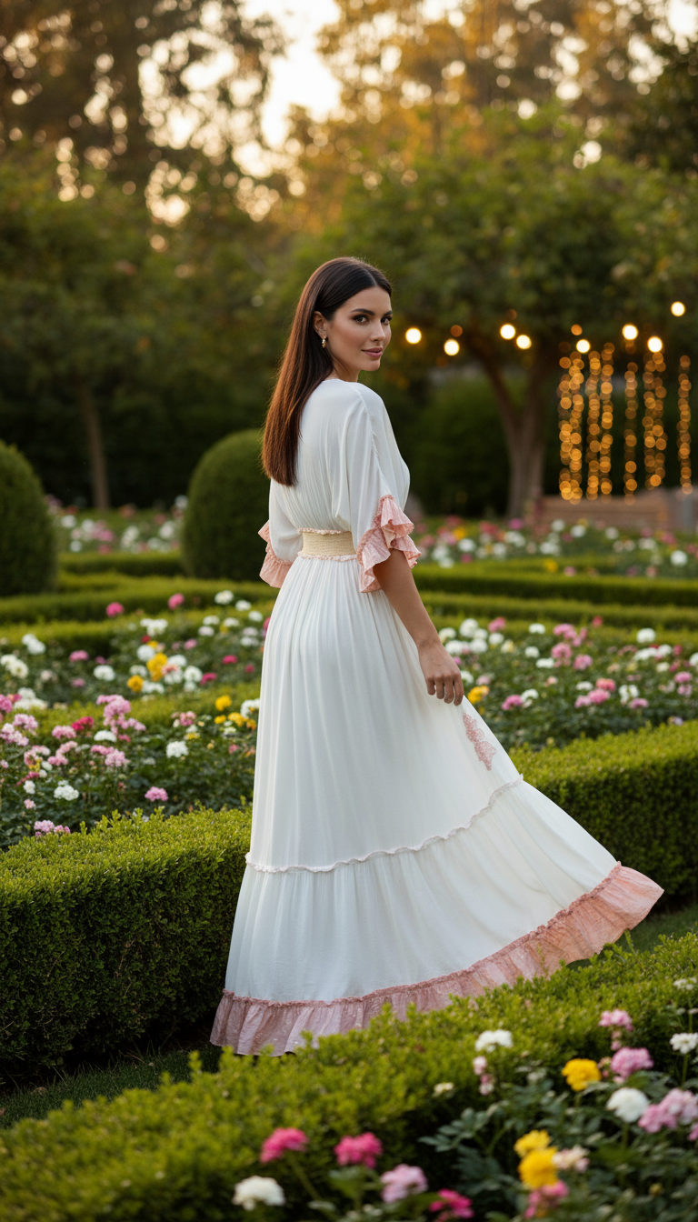 Besticktes Maxikleid „Garden“ – Romantischer Boho-Stil in Elfenbein und Rosé