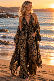 Golden Muse Silk Jumpsuit & Kimono Set – Black & Gold