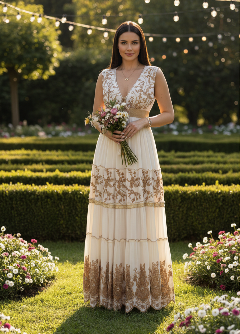 Robe longue blanche Golden Garden