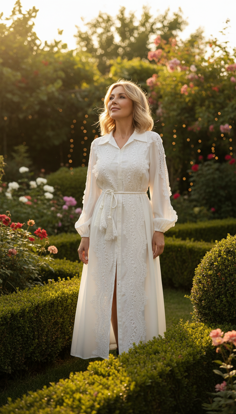 Boho-Maxikleid aus Bio-Baumwolle mit Spitze und Gürtel