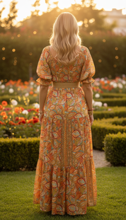 Das gesmokte orangefarbene Seidenkleid