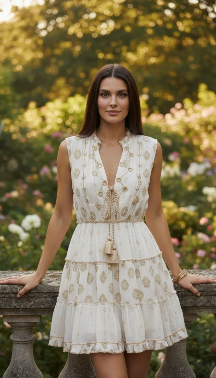 Minikleid aus goldenen und weißen Fäden