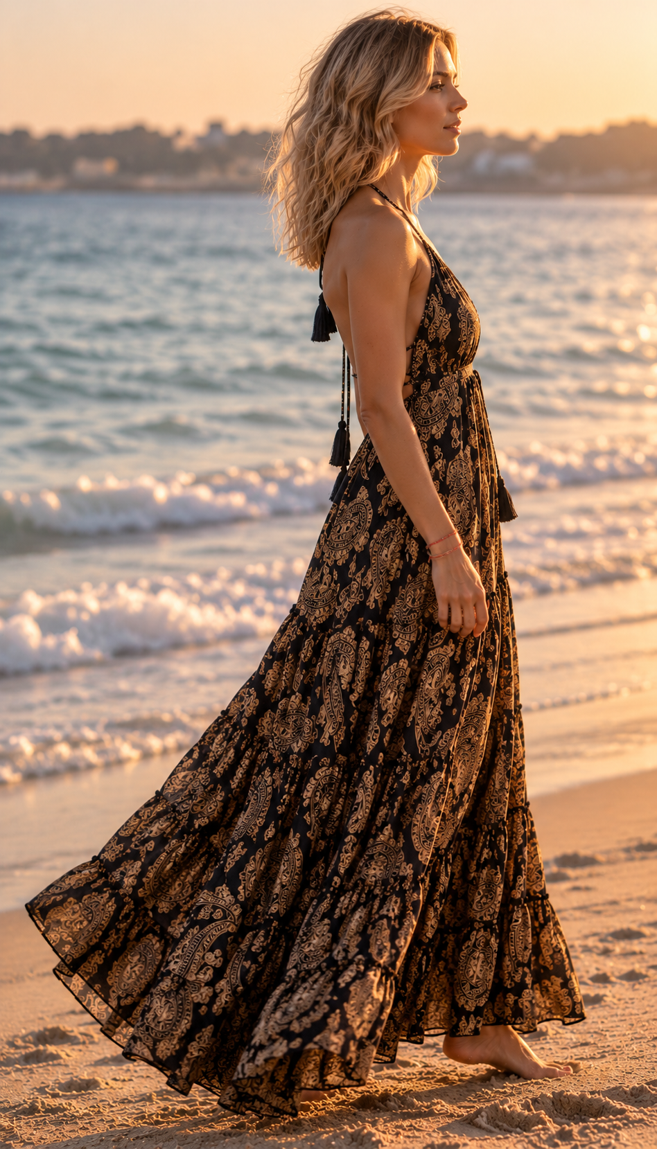 Golden Muse Silk Maxi Dress – Black & Gold