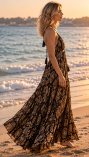 Golden Muse Silk Maxi Dress – Black & Gold