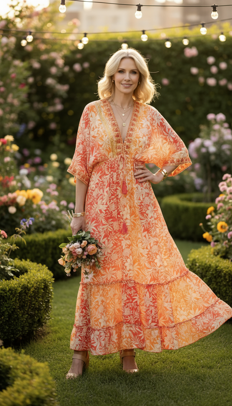 Robe en soie orange à aura dorée