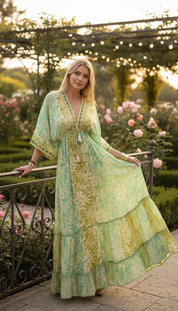 Golden Aura Green Silk Dress